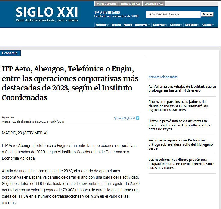 ITP Aero, Abengoa, Telefnica o Eugin, entre las operaciones corporativas ms destacadas de 2023, segn el Instituto Coordenadas